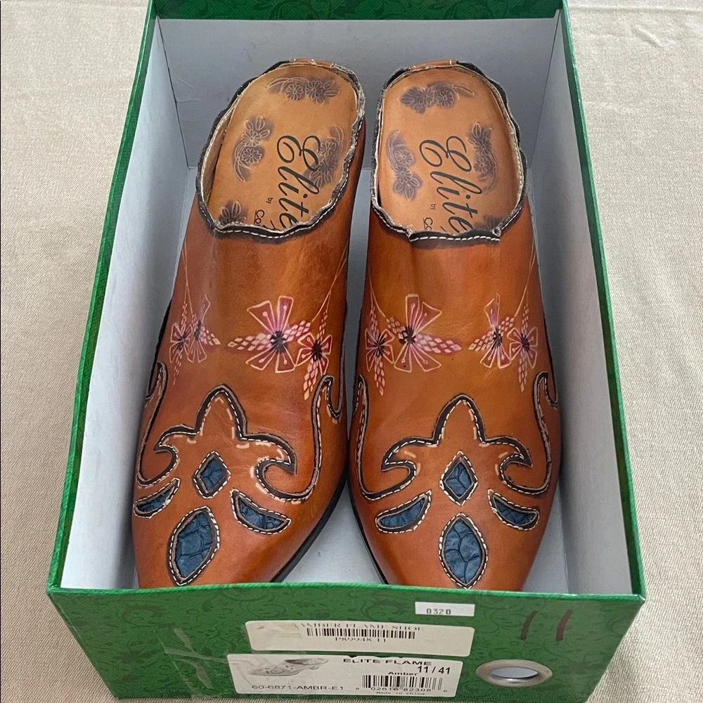 Elite Brown Leather Embroidered Slip-On Mules - Picture 12 of 12